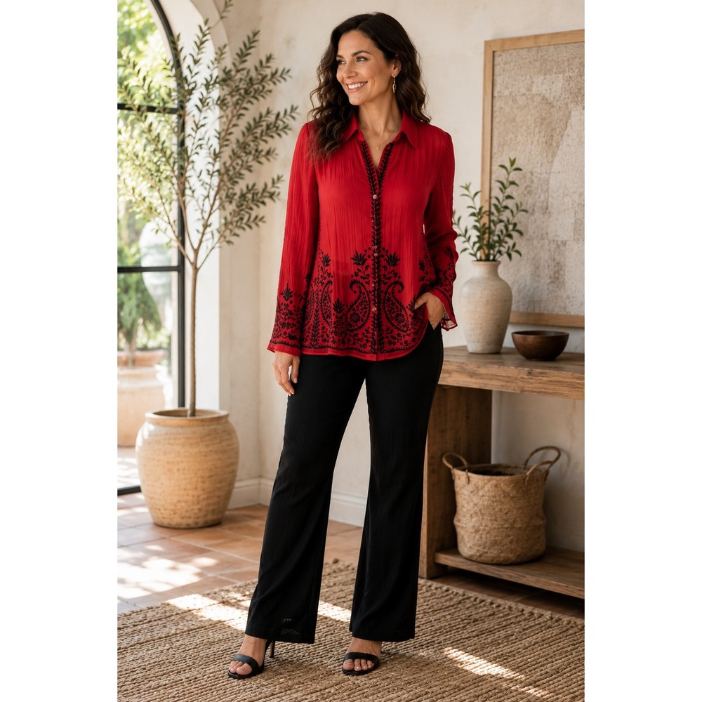 Sunny Taylor Red Black Bell Sleeve Blouse Womens XL Boho Paisley Top